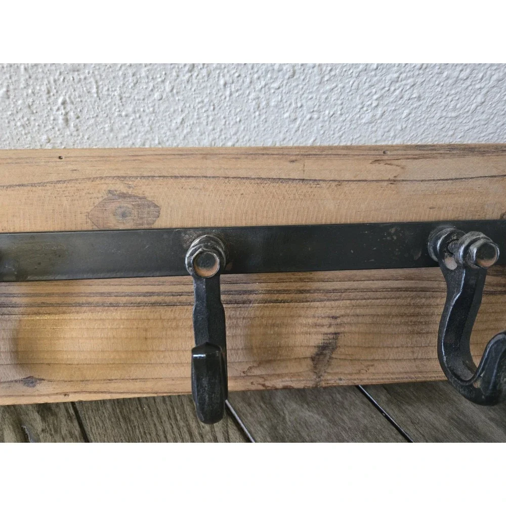 Rustic Farmhouse Wood 5 Hanger Wall Hook with Industrial Black Metal Hardware